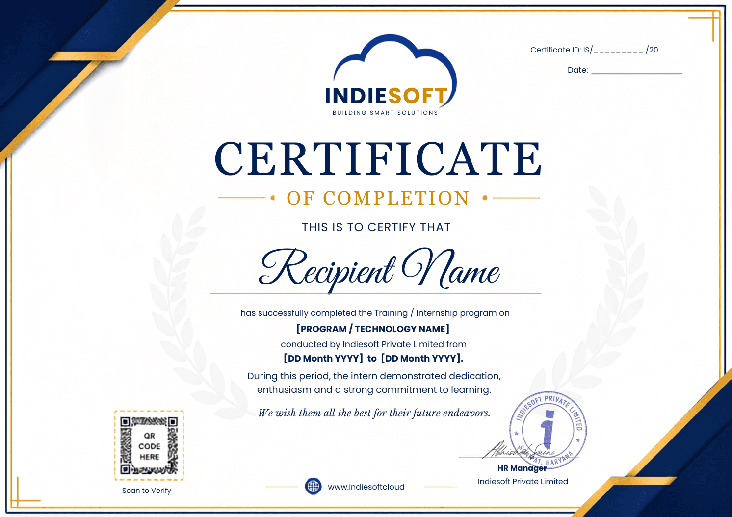 Blank specimen of the IndieSoft certificate design, showing where the recipient name, certificate number, dates and QR code are printed.